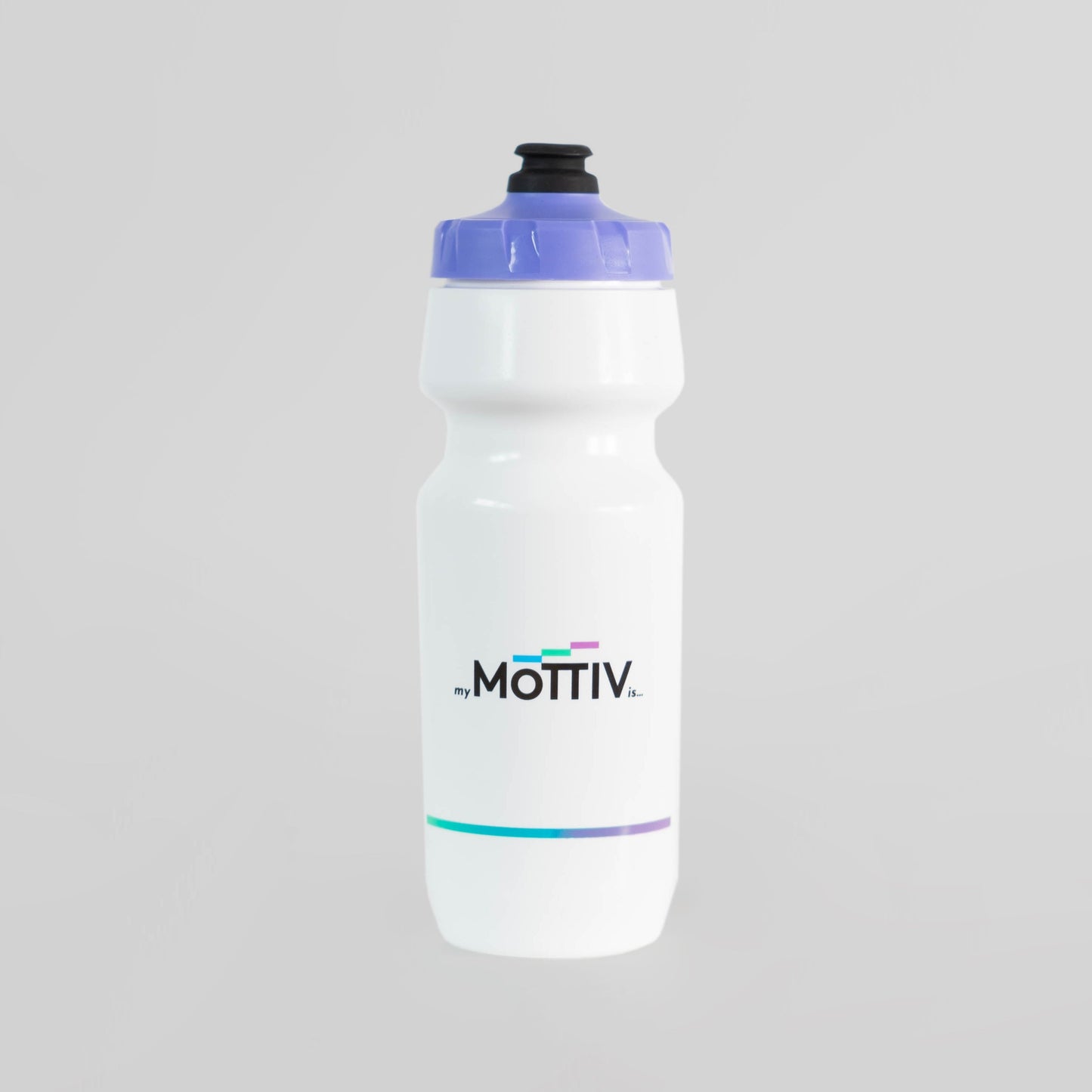 Closeup image of MōTTIV logo on a white water bottle with a purple cap